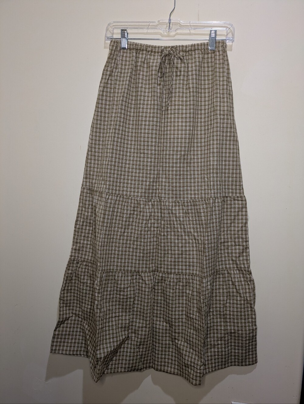 Rhythm Palmer Check Plaid Ruffle Maxi Skirt Sage Green Fall Cotton Small NWT - Picture 3 of 7